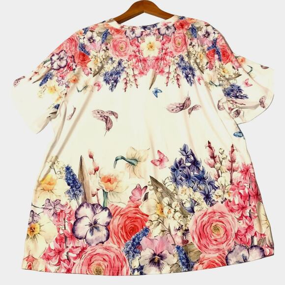 WOMEN’S Gorgeous Brightly Floral Colored Flowy Tunic Slight High-Low Hem Size 4X - Picture 5 of 7